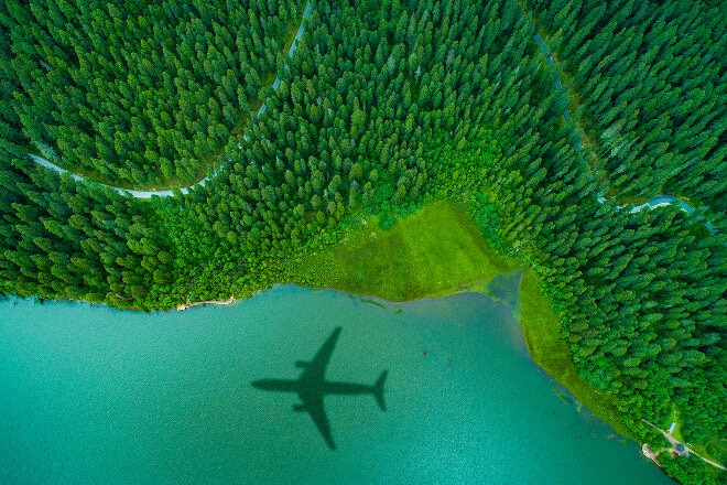 Shadow of aircraft over forest and coastline