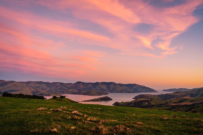 Sunset over Akaroa, Banks Peninsula, New Zealand