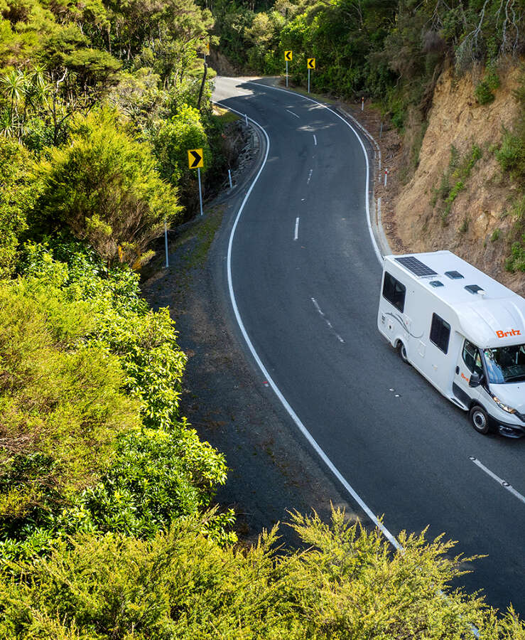 Britz discovery camper driving through countryside