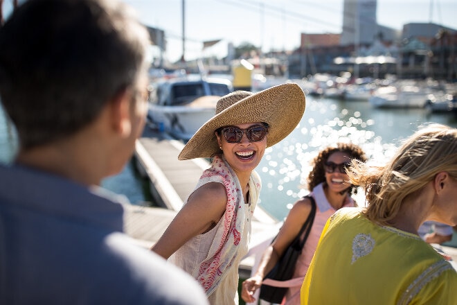 Smiling women at the harbour