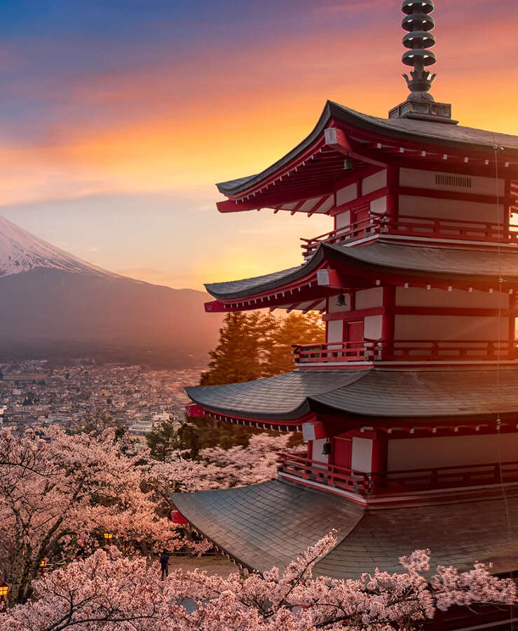 Beautiful view of mountain Fuji and Chureito pagoda at sunset, japan in the spring with cherry blossoms, Fujiyoshida, Japan