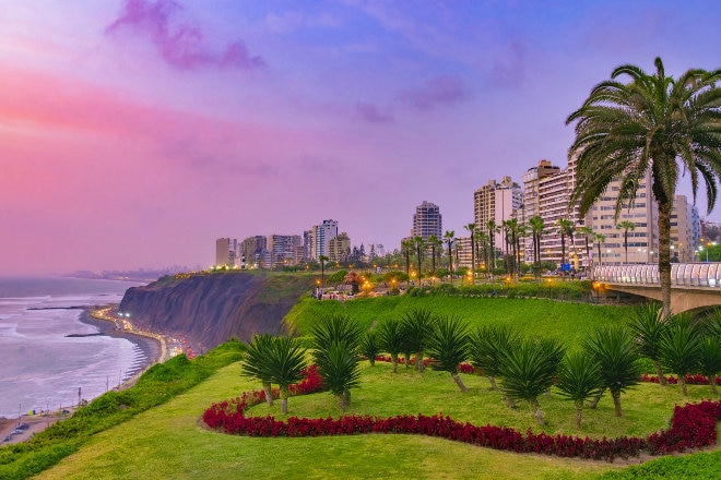 Evening view of Miraflores District, Lima, Peru by the coast