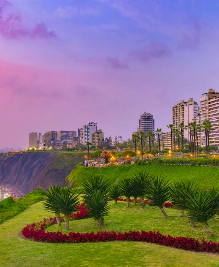 Evening view of Miraflores District, Lima, Peru by the coast