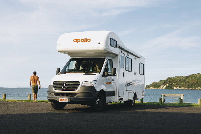 Apollo motorhome parked at a scenic spot