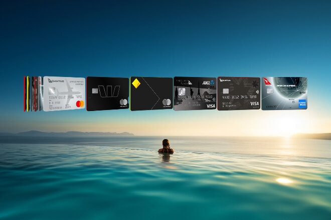 Swimmer in ocean, credit cards overlay