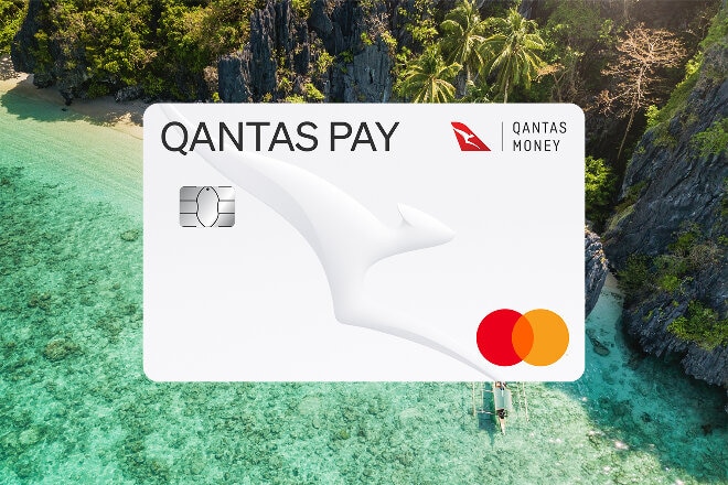 Tropical beach, Qantas Pat card overlay