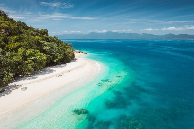 Aerial drone views of Nudey beach on Fitzroy island near Cairns in Queensland, Australia