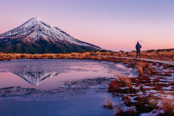 new plymouth lake and mountain at sunset