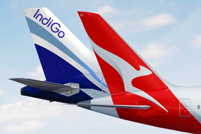 Qantas and Indigo plane tails