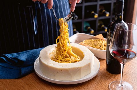 Spaghettoni cacio e pepe in a cheese wheel at I Maccheroni, Sydney