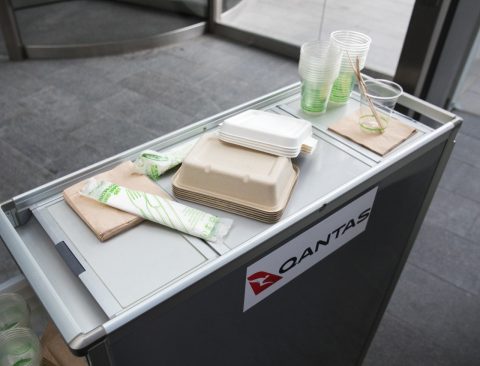 Recyclable packaging on Qantas's first-ever waste-free flight.