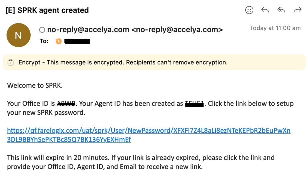 Screen capture of SPRK welcome email for agent to set up their password