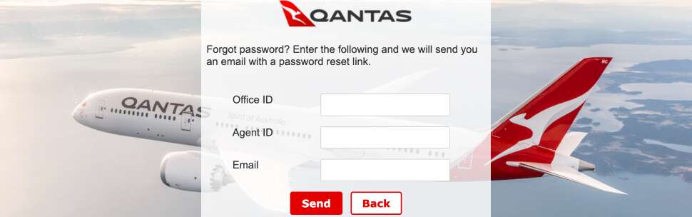 Screen capture of forgot password screen on the Qantas Distribuiton Platform portal