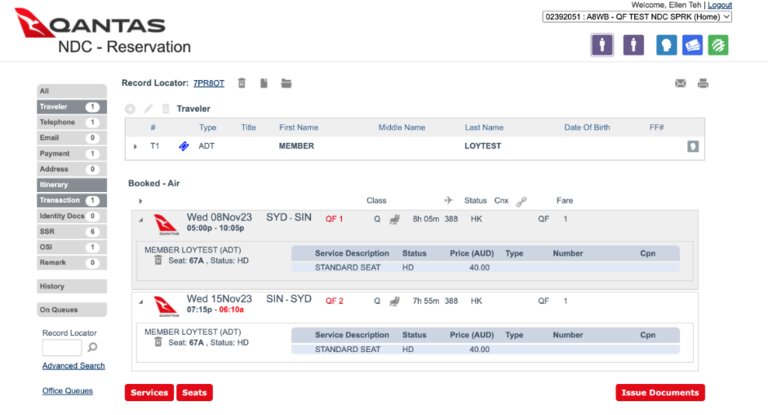 reservation screen showing paid seating for international flight