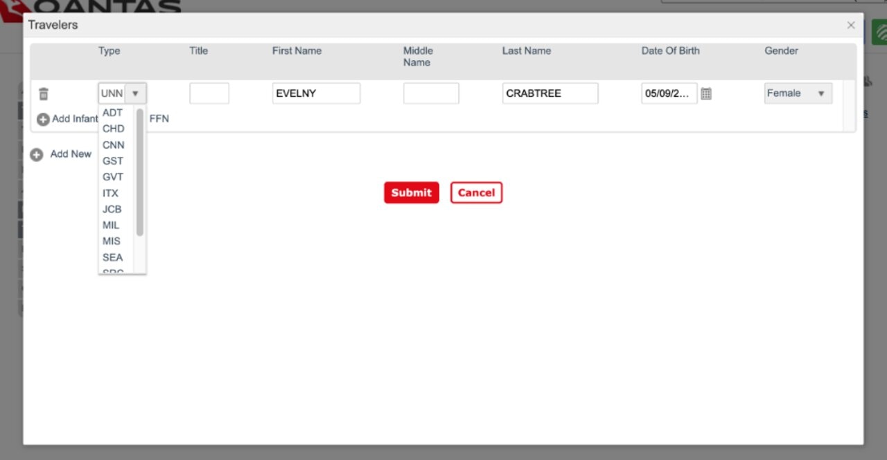 Traveller screen with traveller type drop down list