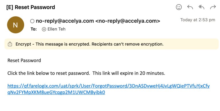 Screen capture of password reset email