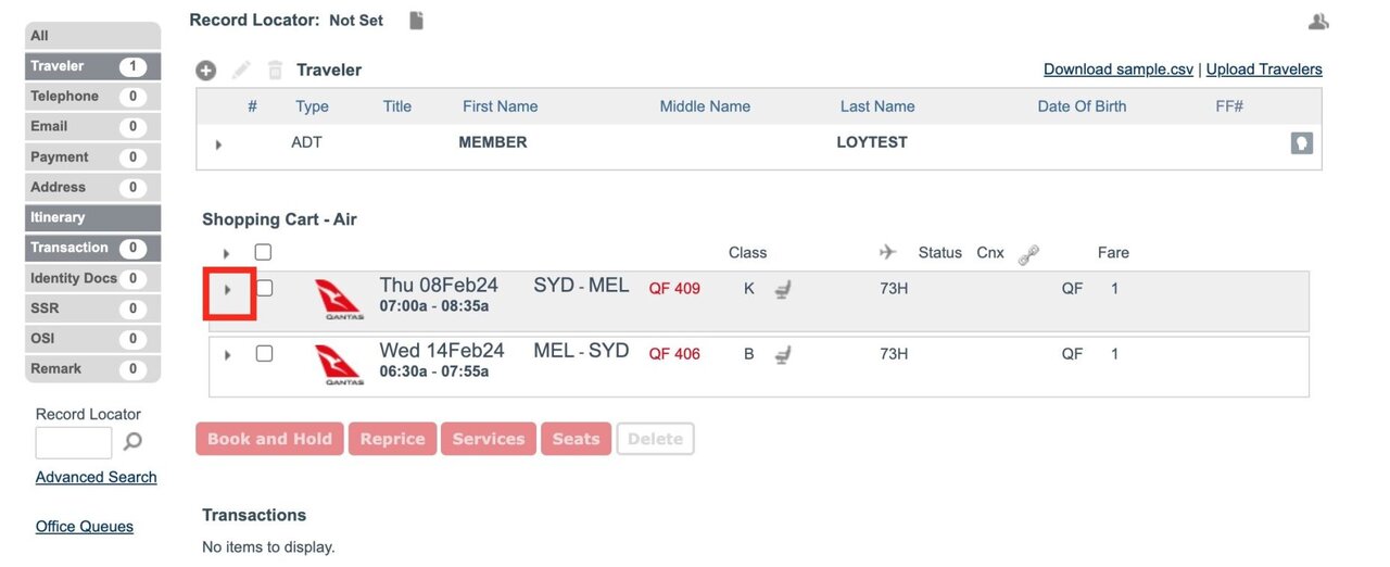 Reservation screen with option to expand to view baggage options