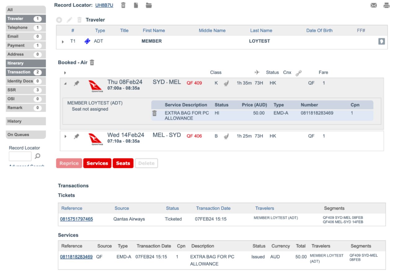 Reservation screen with EMD-A as payment for additonal baggage under services.