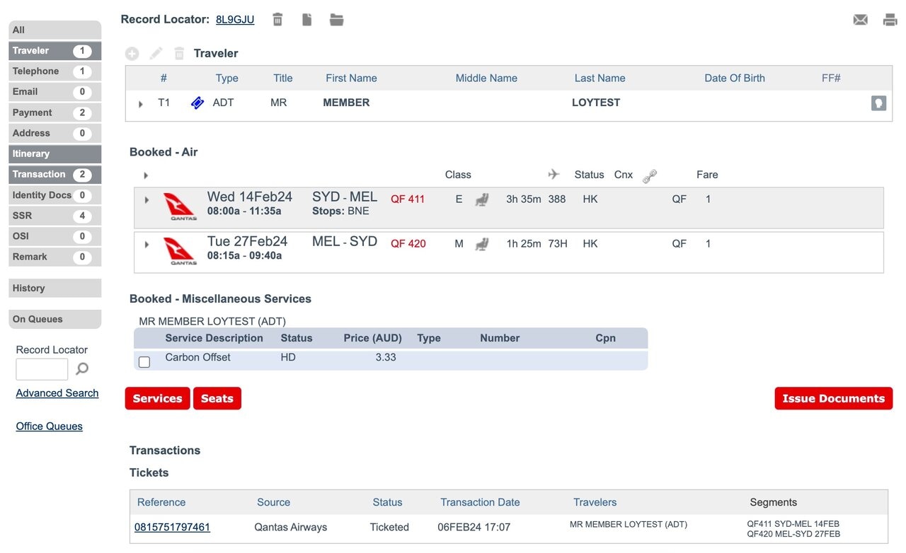 Reservation screen with booked Carbon Offset