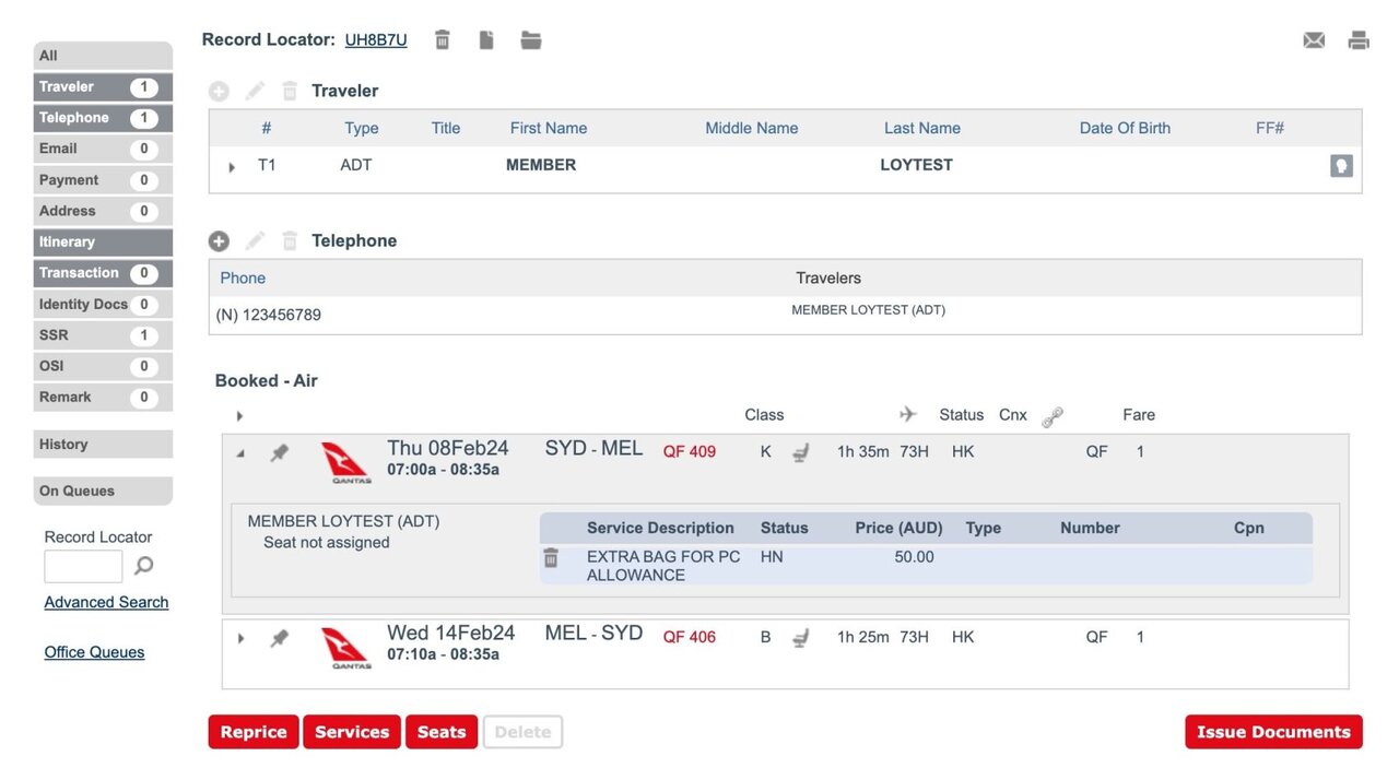 Reservation screen showing additional baggage as HN status