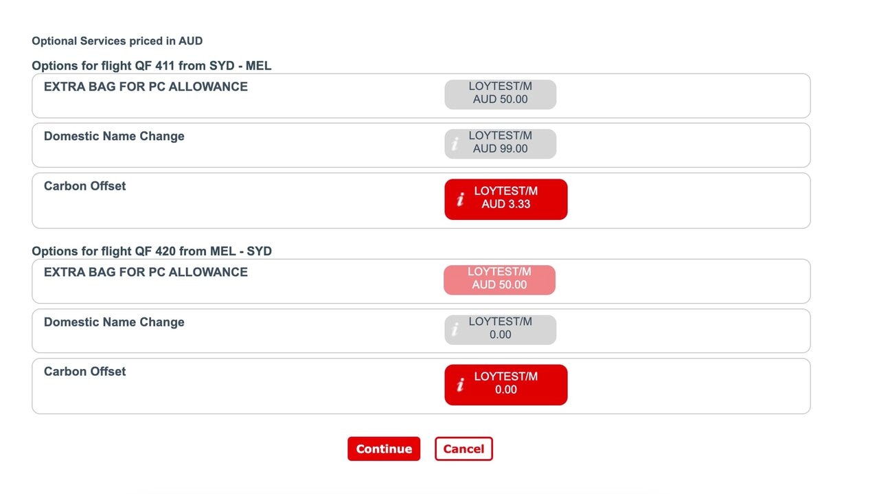 Optional services screen with carbon offset listed 