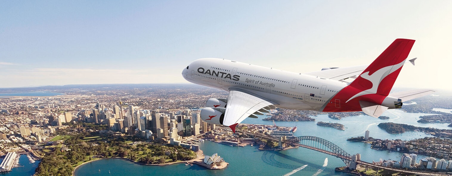 Qantas A380 flying over Sydney Harbour