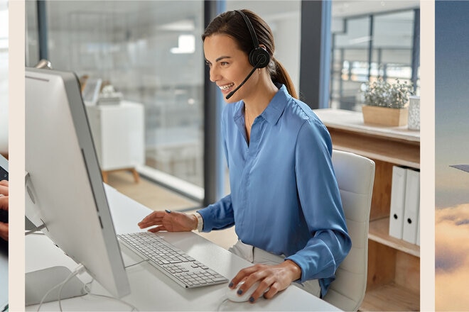 Triptych banner: A person typing, a customer serivce agent on a call and the Qantas Plane in the sky