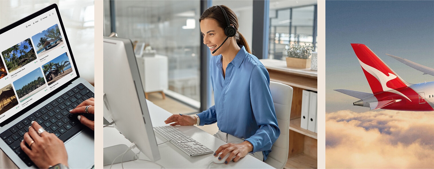 NDC QAC Hero Banner - Person typing on a laptop, a Customer service agent, a Qantas plane in the sky