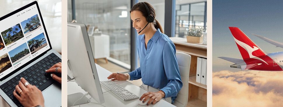 Triptych banner: A person typing, a customer serivce agent on a call and the Qantas Plane in the sky