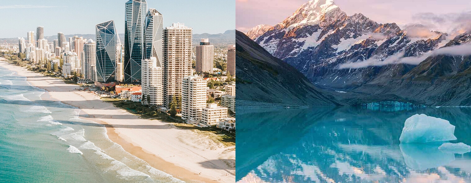 The Gold Coast, Queensland Australia and Mount Cook, New Zealand