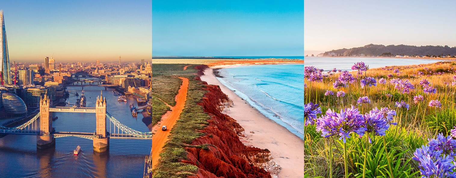 River Thames; James Price Point, Broome, Western Australia; Whangamata on New Zealand's North Island