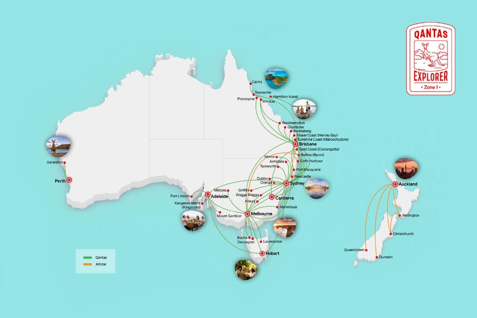 Qantas Explorer Zone 1 map - Australia and New Zealand