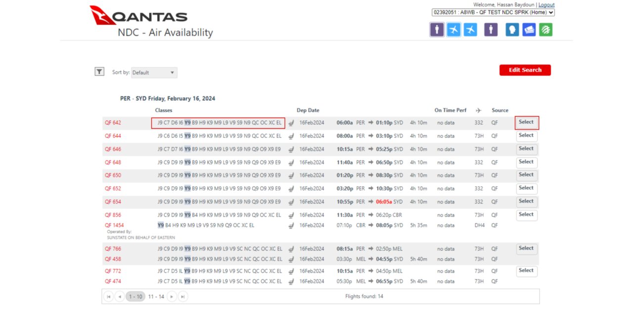 Air availability screen Qantas Distribution Platform portal