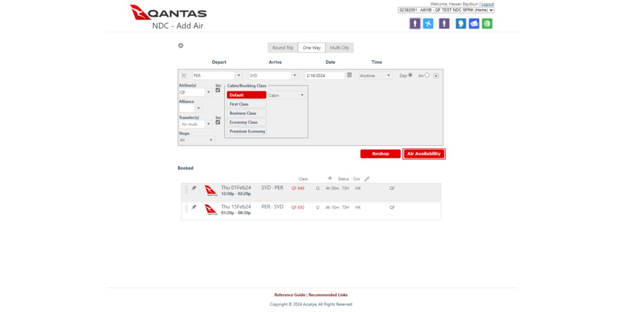 Qantas Distribution Platform portal Add Air Screen